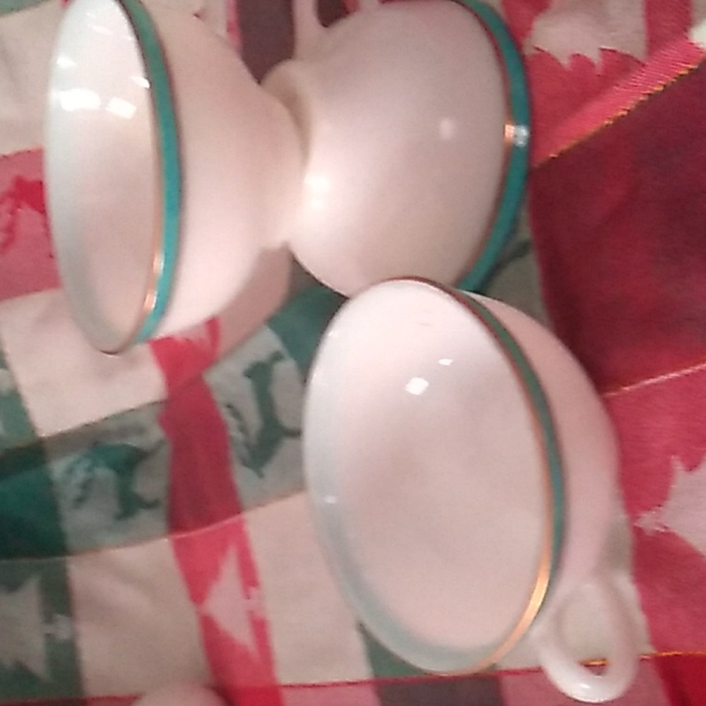 3 TURQUOISE/GOLD Rim Vintage PYREX COFFEE ☕ TEA CUPS Elegant EPLVC